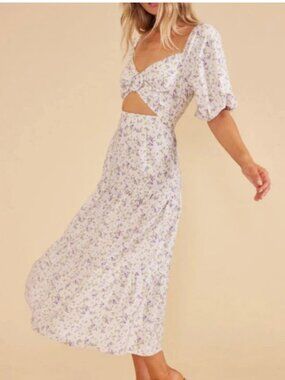 MINKPINK Hailey Floral Puff Sleeve Cutout Midi Dress Off-White Purple